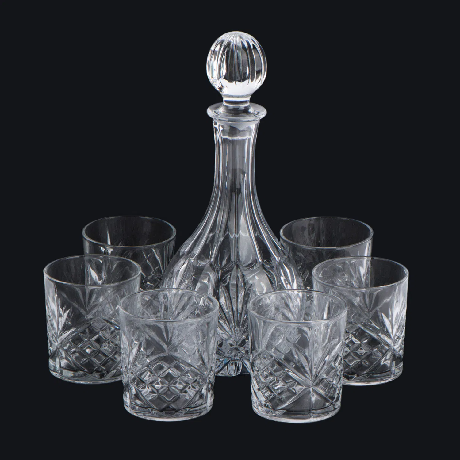 Tall Glass Wine Bottle with Embossed Design Glass Cup Set for Wine Storage