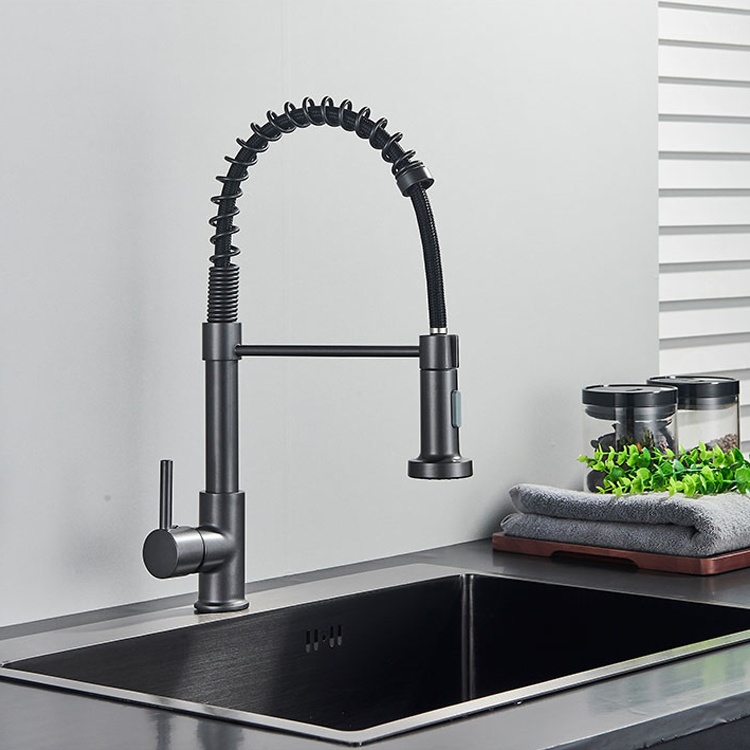 Sanipro Flexible Cold Hot Mixer Sink Tap SUS304 Stainless Steel Black 360 Rotation Spring Kitchen Faucet with Pull Down Sprayer
