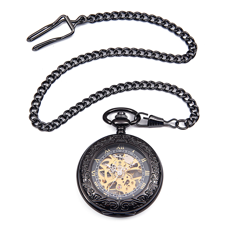 Customized Two Cover Black Skeleton Mechanical Pocket Watch with Chain