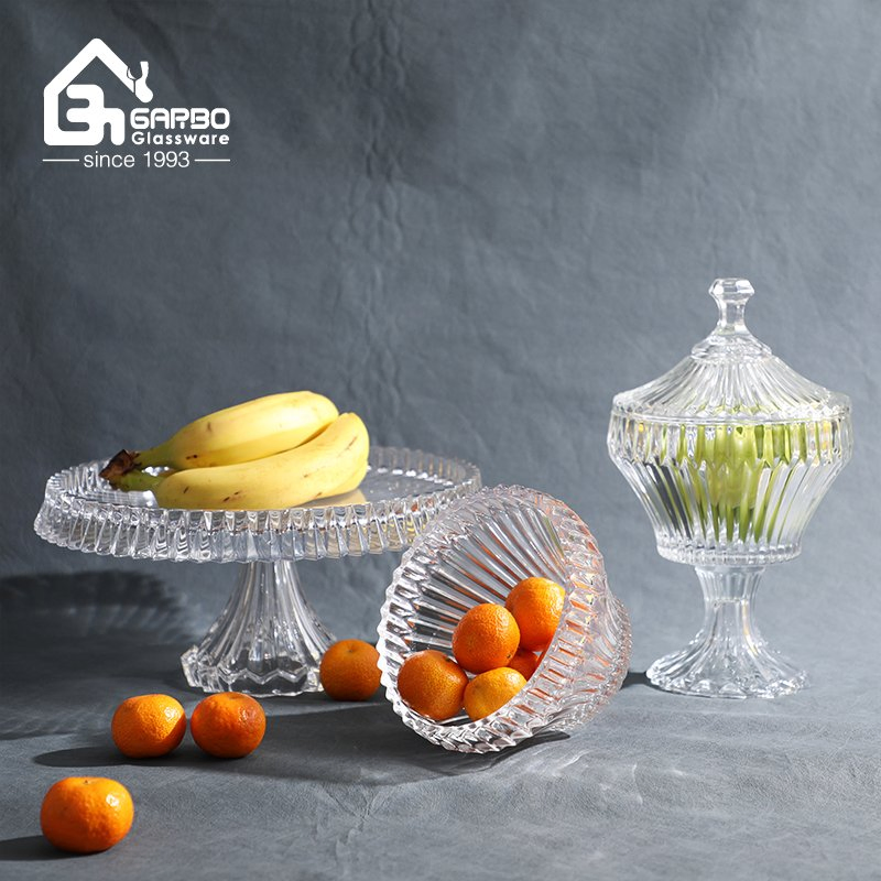 Big Size Fruit Glass Candy Pot with Lid Serving Candy Pot with Classic Strip Pattern High Quality Candy Pot with Stand