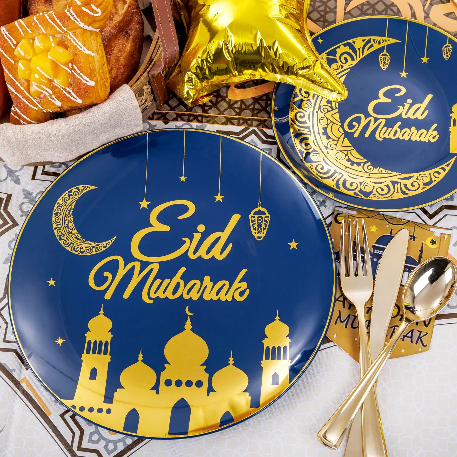 Nervure 125PCS Ramadan Plastic Plates - Eid Mubarak Plates - Blue Gold Plates Include 50PCS Plates 25PCS Spoons 25PCS Forks 25PCS Knives for Ramadan Mubarak Tab