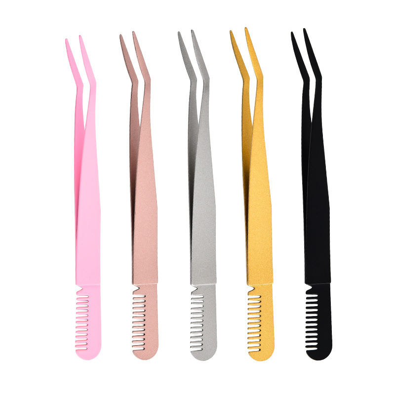 Slanted Tip Stainless Steel Eyebrow Shaping Lash Eyelash Extension Tweezers with Comb