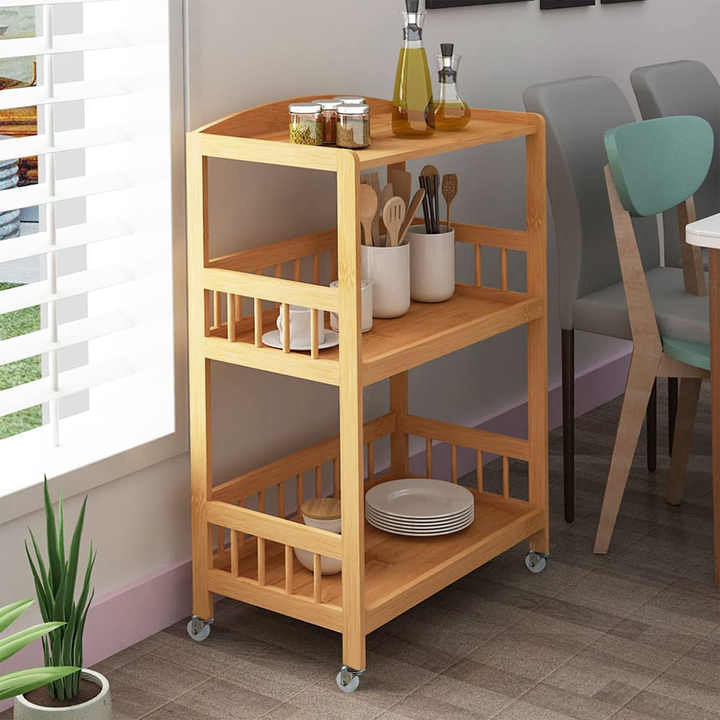 Bamboo Household Kitchen Bathroom with Wheeled Storage Rack