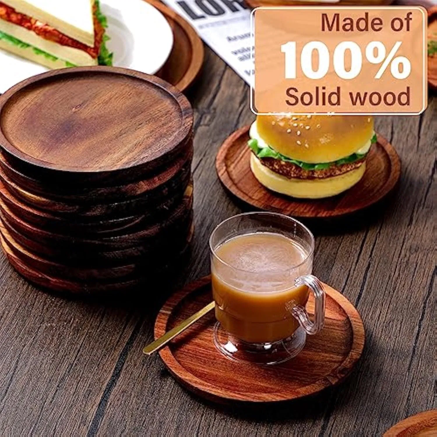Wholesale Restaurant Eco Friendly Round Acacia Wood Food Serving Snack Canape Wooden Coasters Plate for Steak Dessert Cake Salad