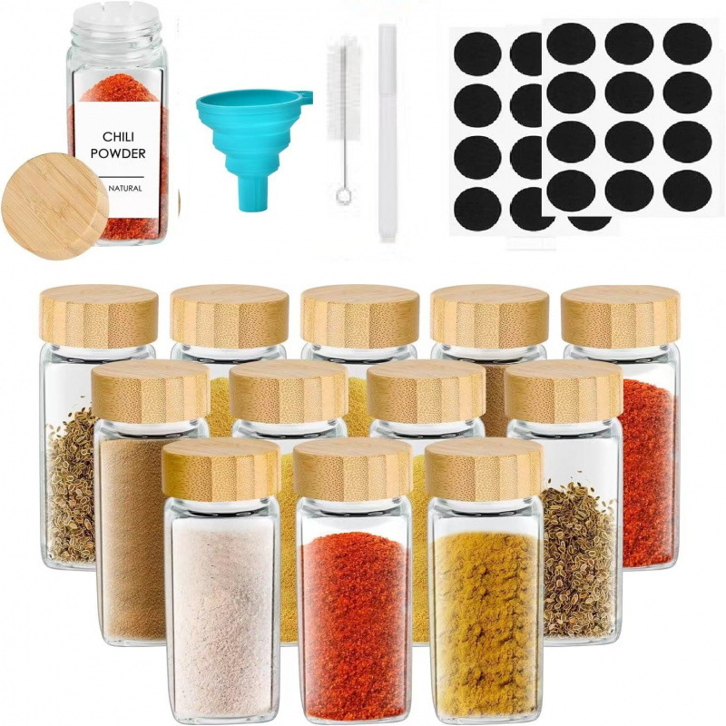 120ml Acacia Wood Cap Seasoning Bottle 4oz Square Glass Spice Jar with Steel Lid and Bamboo Sprinkling Hole for Food Storage Hitchen Spice Containers