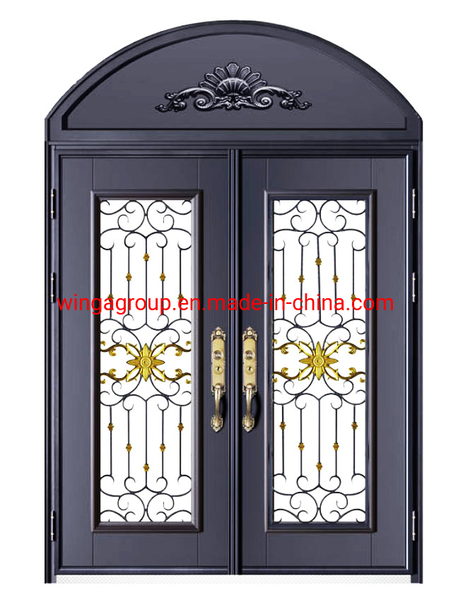 Black Colour Wrought Iron Security Steel Glass Metal Single and Double Entry Front Entrance Door