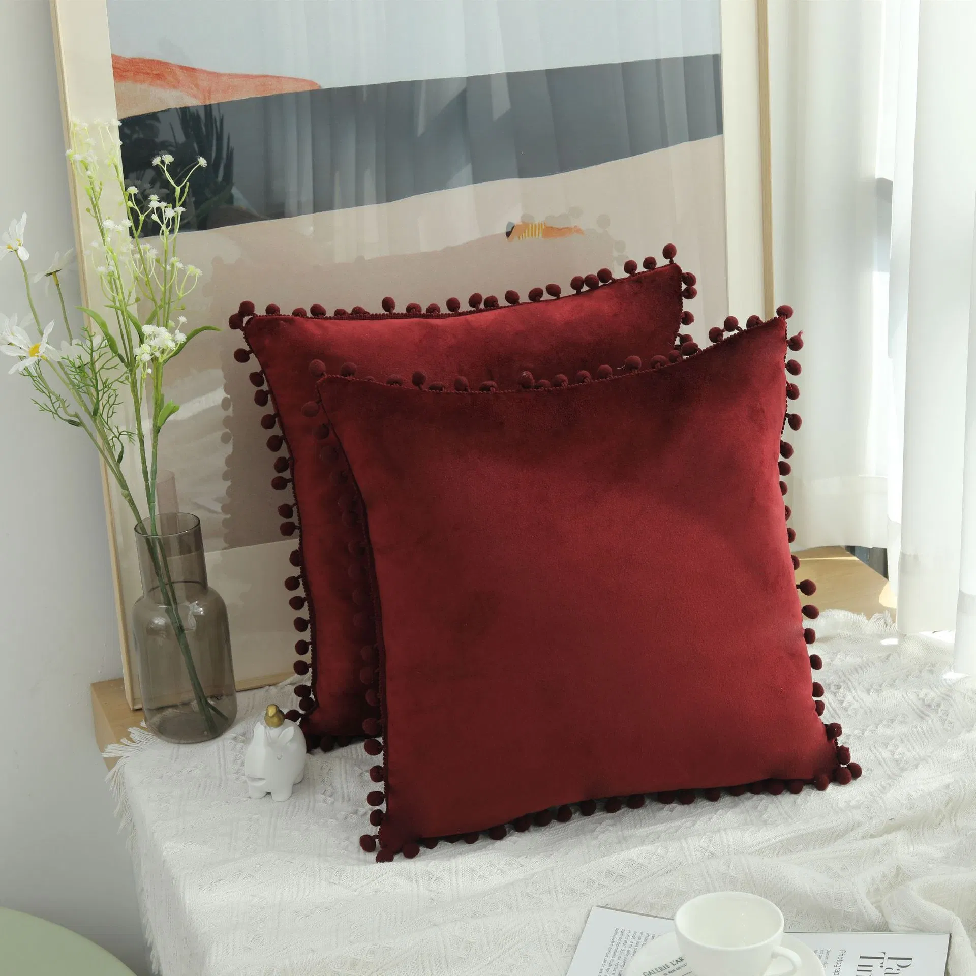 Throw Pillow Cases, Cozy Solid Dyed Soft Chenille Cushion Covers with POM Poms for Couch