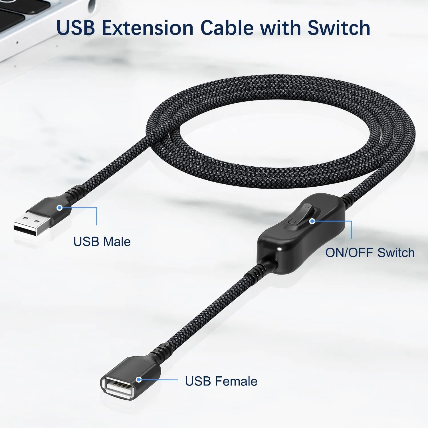 Braided USB 304 Switch Extension Cable Power Switch Cord for LED Strips