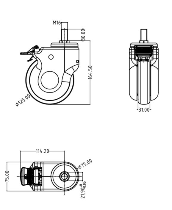 Grip Ring Stem TPR Medical Castor with Brake and Ladle Cover Px504