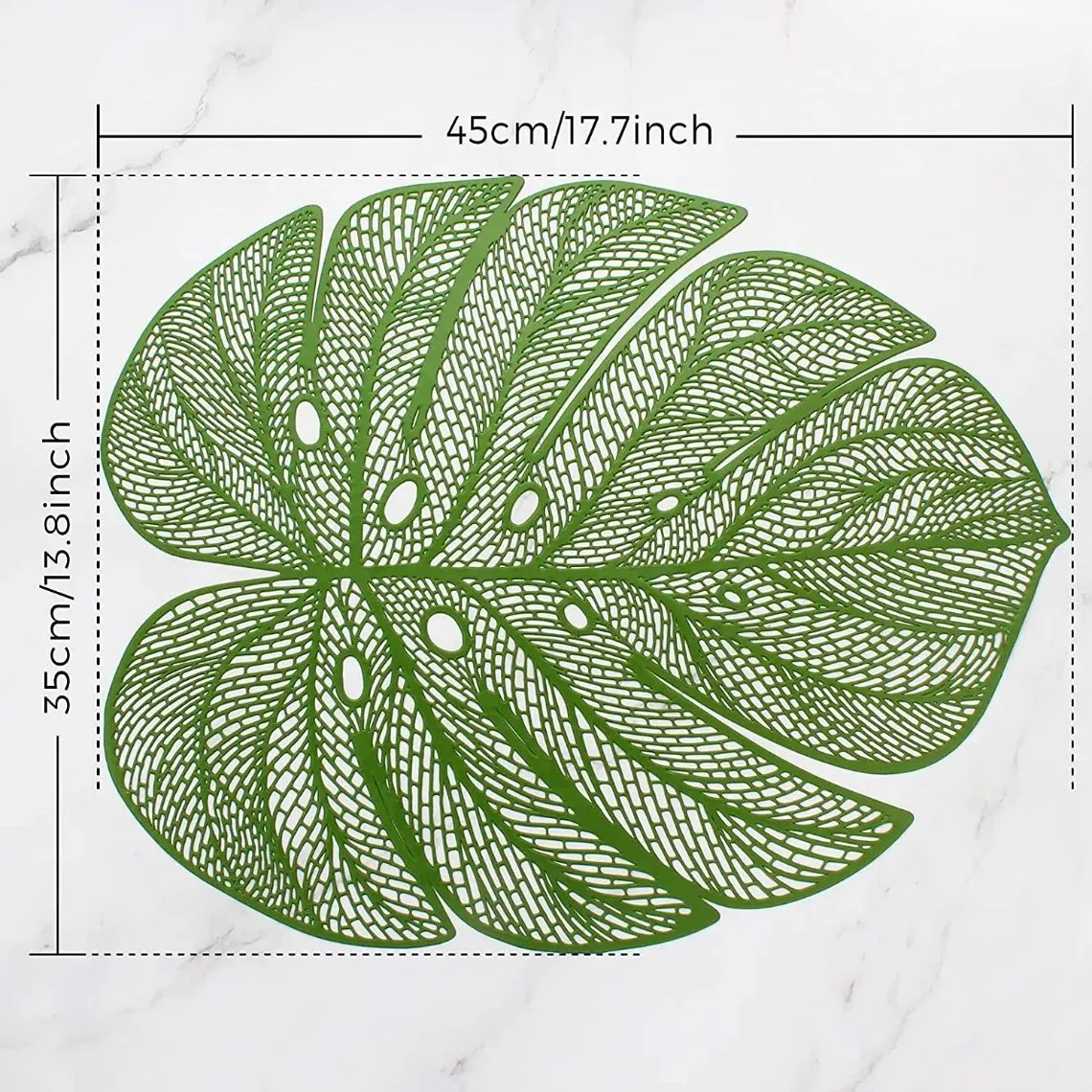Green Leaf Shaped Vinyl Placemats for Dinner Table Set of 6 Metallic Plastic Green Place Mats