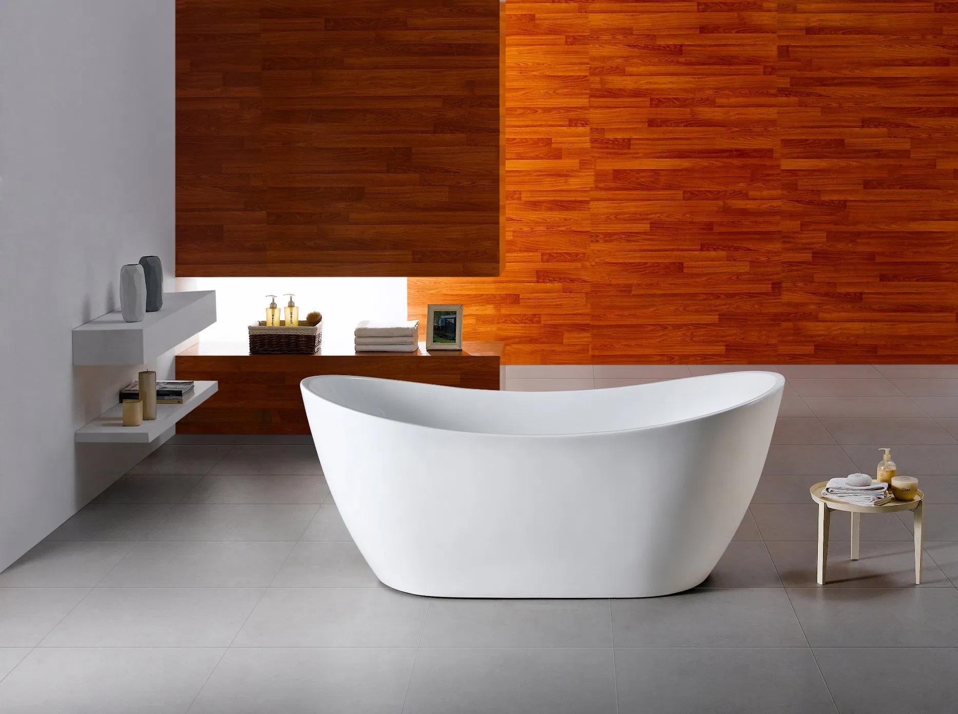 Matt White&Glossy White Freestanding Double Ended Slipper Morden Acrylic Bathtub with Chrome Plated Floor Standing H59 Brass Tap Mixer