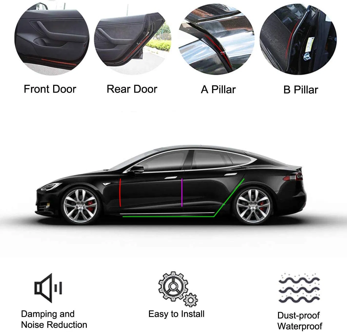 Door Seal Auto Rubber Strip Kit for Te-SLA Car Door (Front Door / Pillar / Rear Door) , Self Soundproofing & Noise Reduction