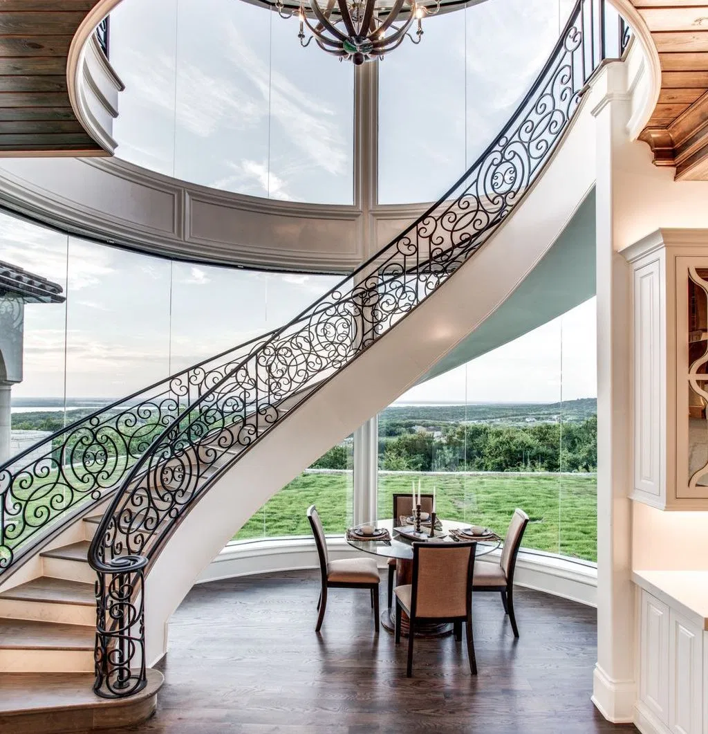 Australia Standard Indoor Luxury Carbon Steel Iron Railing Spiral Staircase Solid Wood Curved Stairs Design