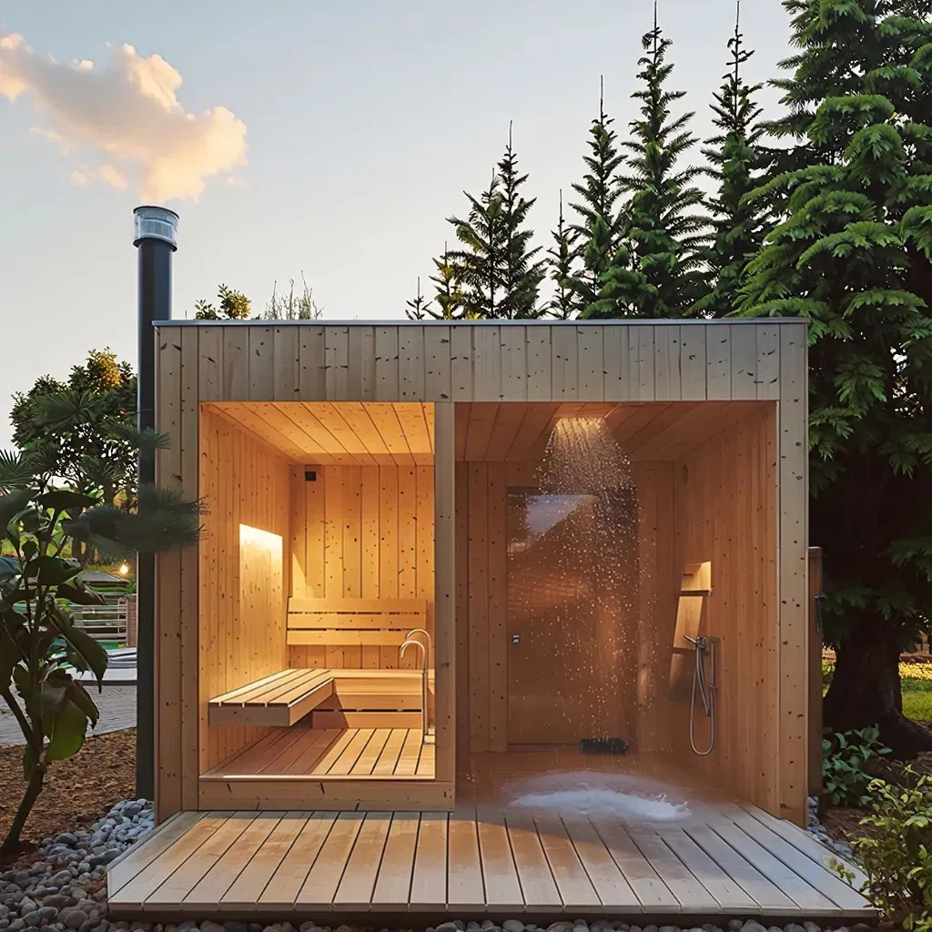 Готовая сауна для улицы с панорамным стеклом