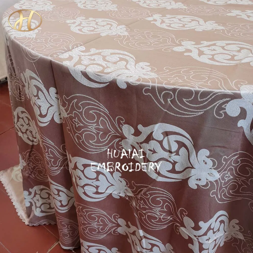 Wholesale 120" Round Ivory and Brown Jacquard Polyester Banquest Table Cover Cloth for Restaurant