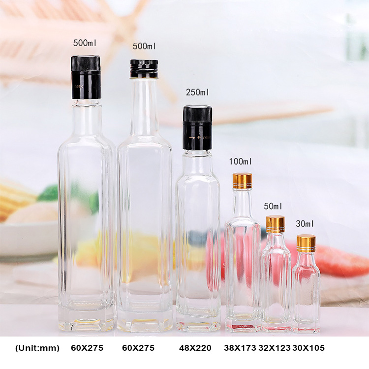 100ml 150ml 250ml 500ml 750ml 1000ml Square Clear Glass Olive Oil Bottle with Metal Screw Cap