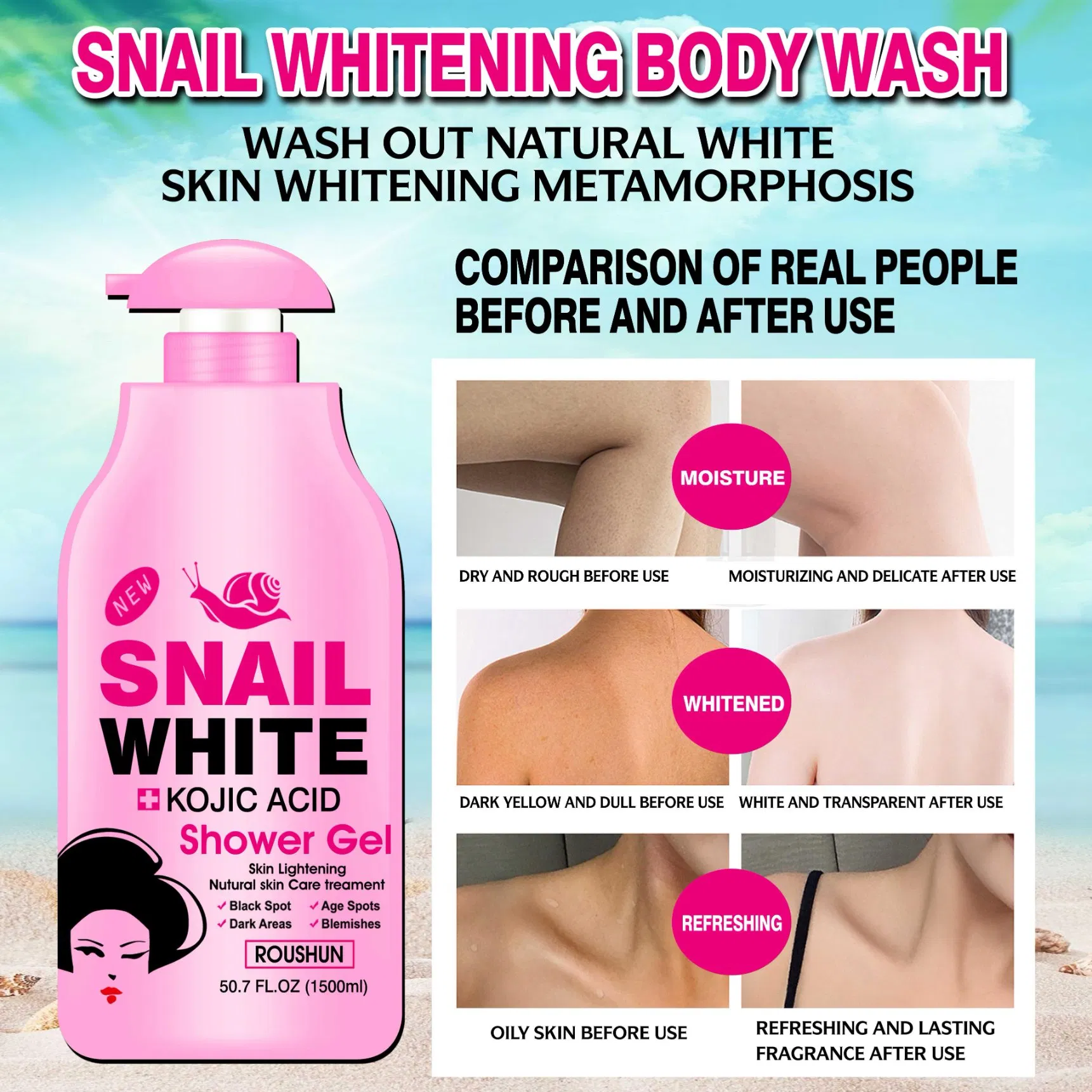Roushun 1500ml Skin Lightening Natural Treatment Snail White Kojic Acid Shower Gel