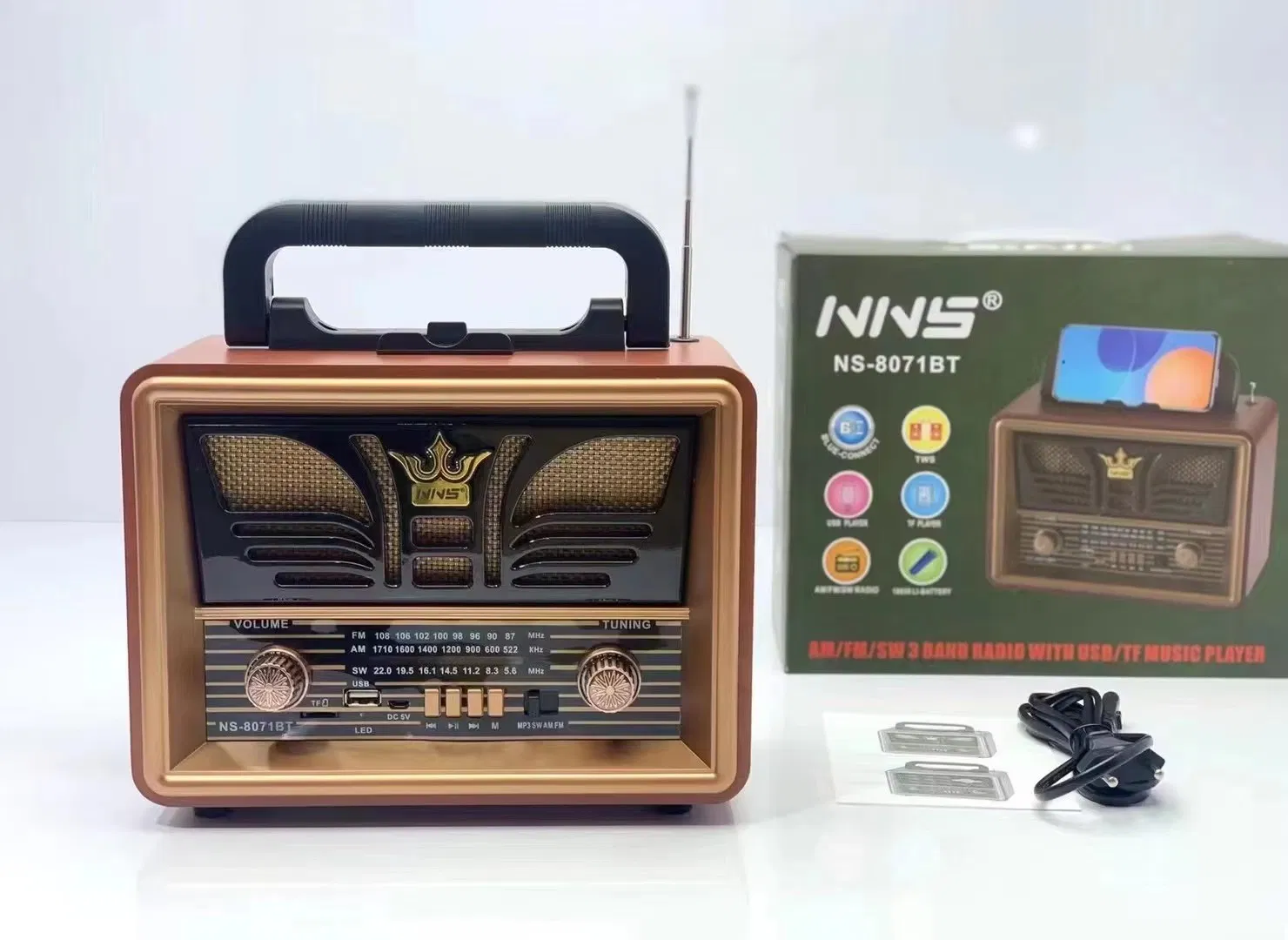Ретро радио NS-8071BT с Bluetooth, деревянный корпус