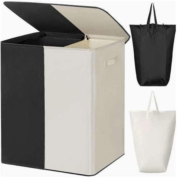 Foldable Laundry Basket with Double Inner Bags and Two-Tone Storage Bin