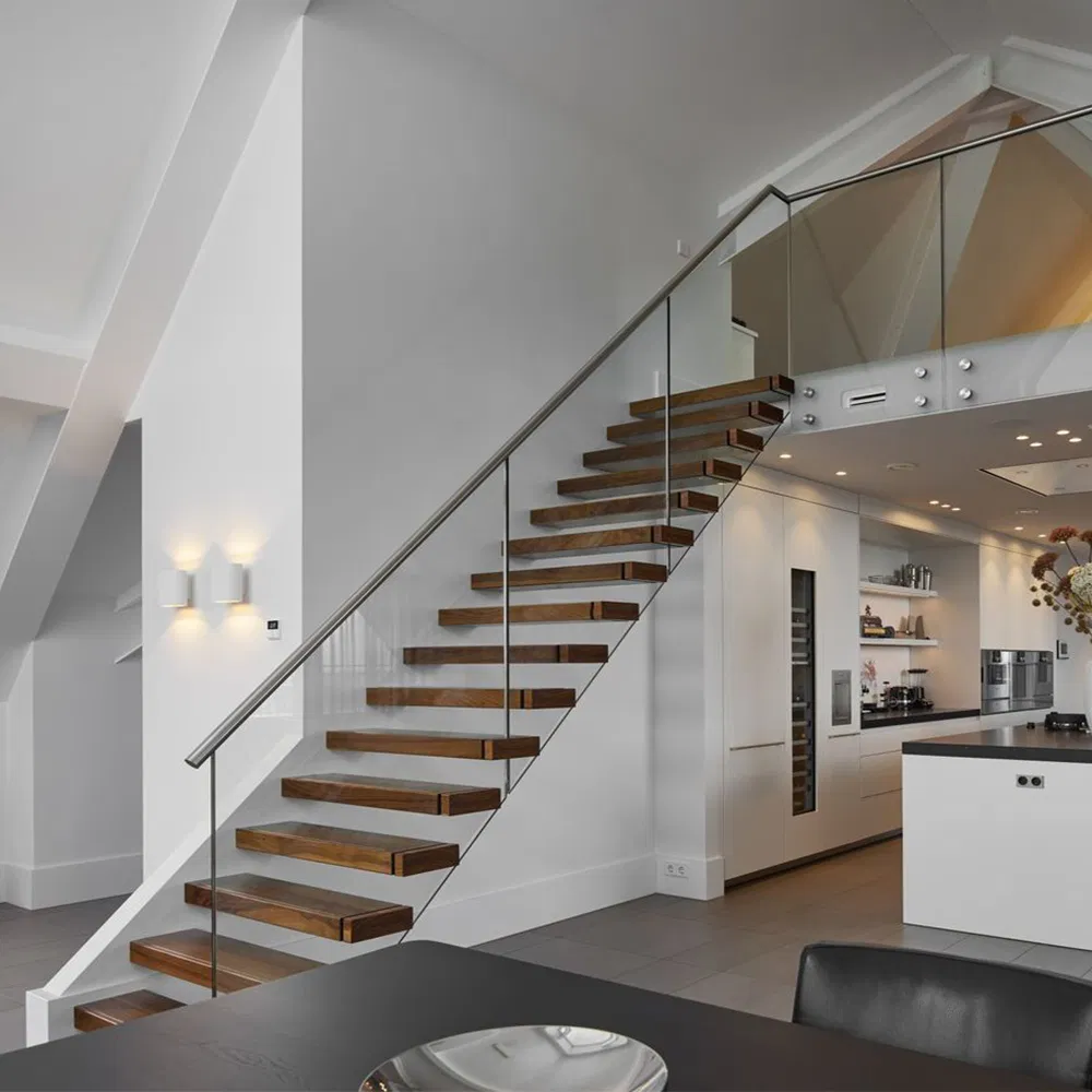 Hot Deal Double Stringer/Beam Staircase/Glass Stairs with Glass Railing and Wooden Tread