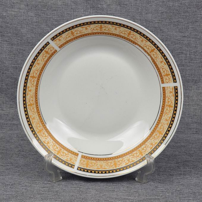 9"Soup Plate with Round Decal with Gold Line Porcelainware Ceramics Tableware