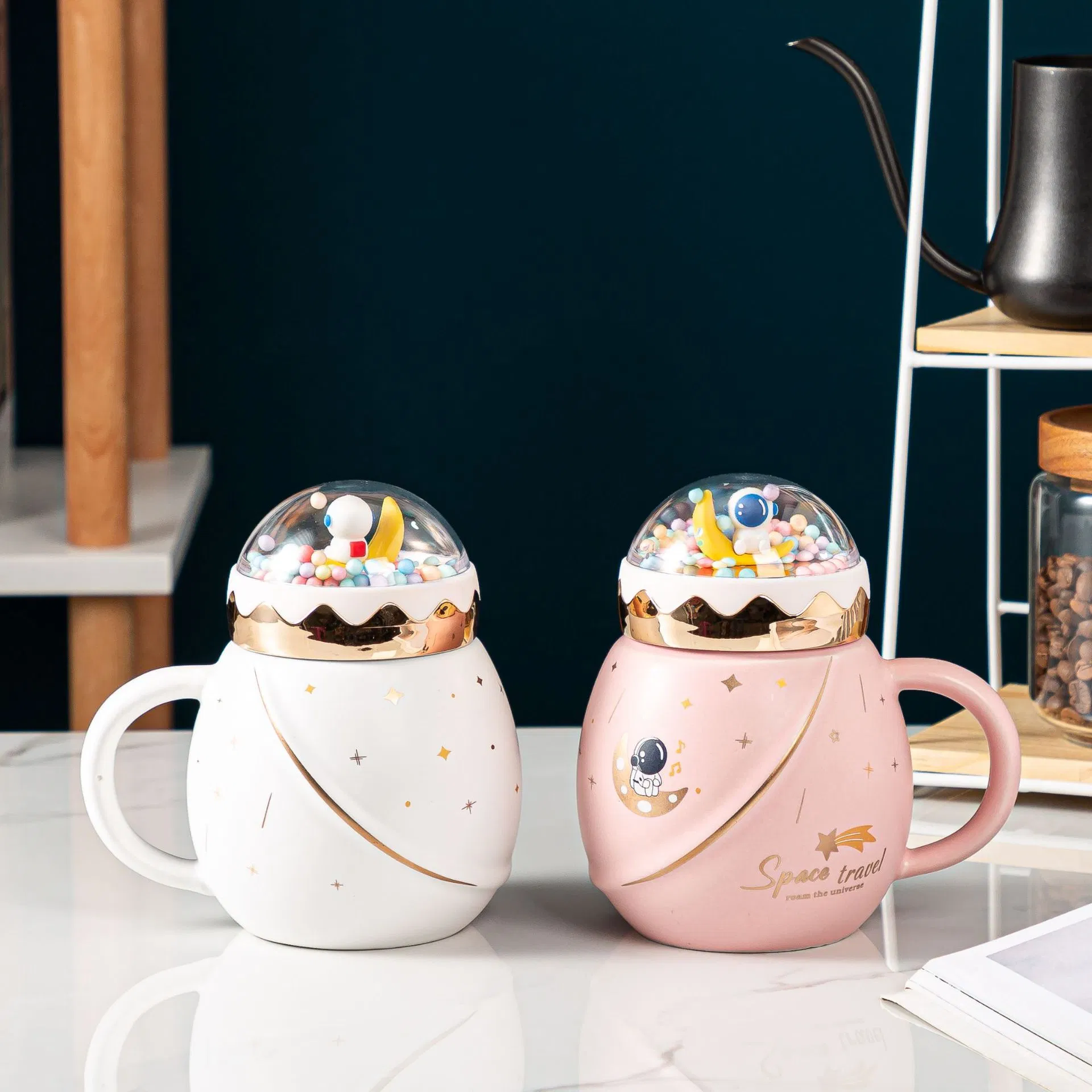 Cartoon Astronaut Valentine Present Set Handgrip Landscape Ceramic Coffee Tea Cup Mug for Girls with Spoon Gift Box