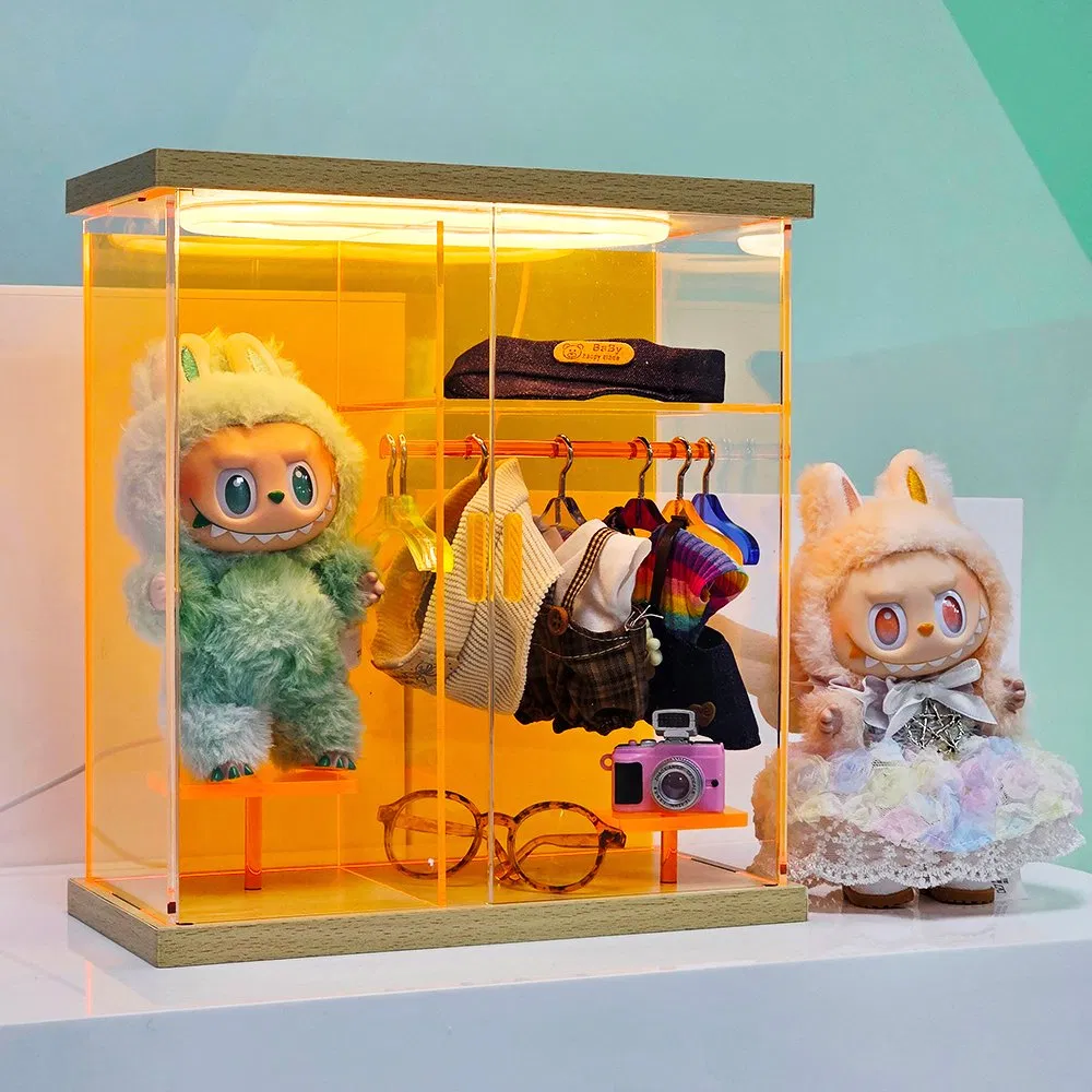 Clear Acrylic Languo Modern Customizable Clothing Display Case with Light and Wooden Base