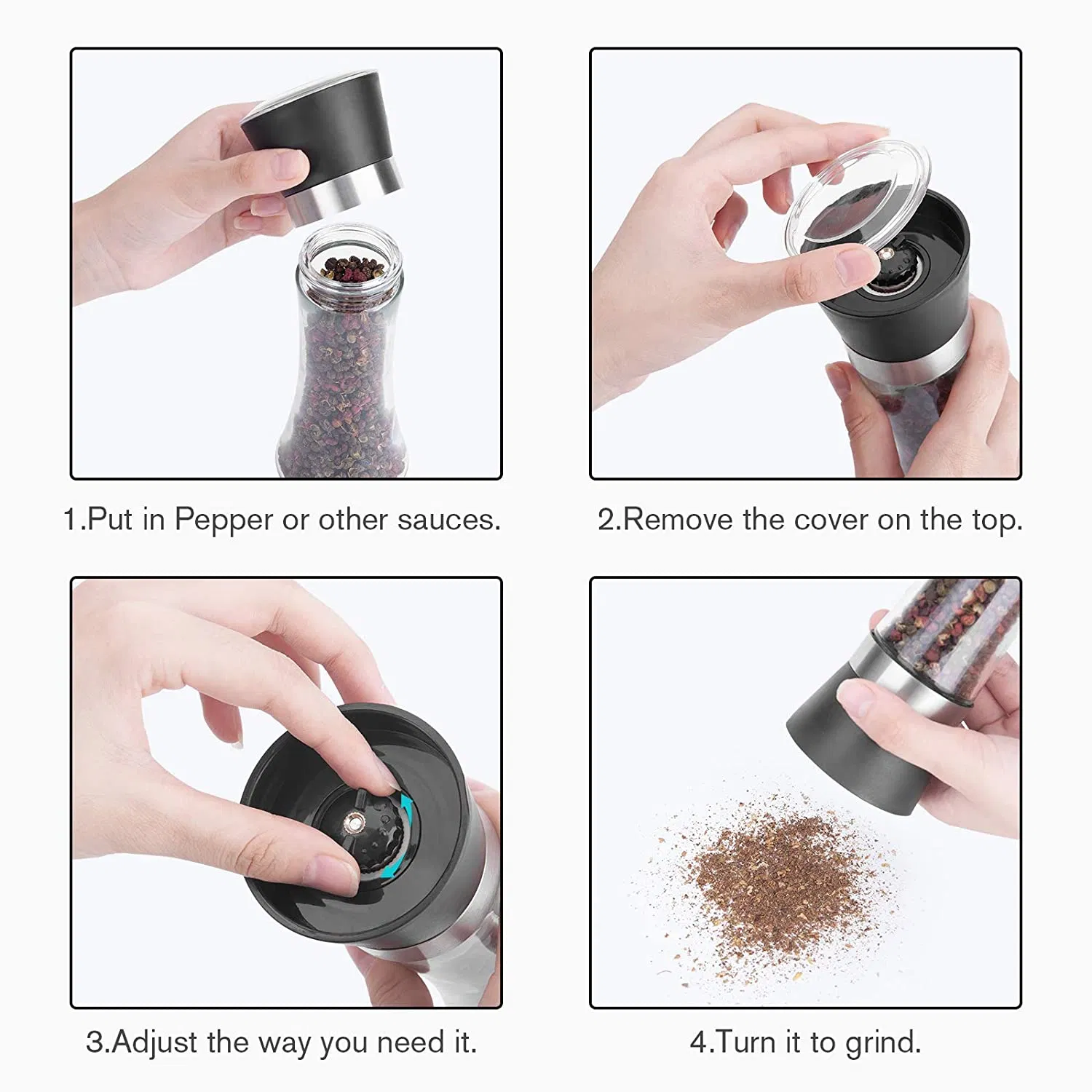 Wholesale Hot Sell Adjustable Ceramic Core Bottle Stainless Steel Glass Salt Mill Chili Manual Pepper Grinder