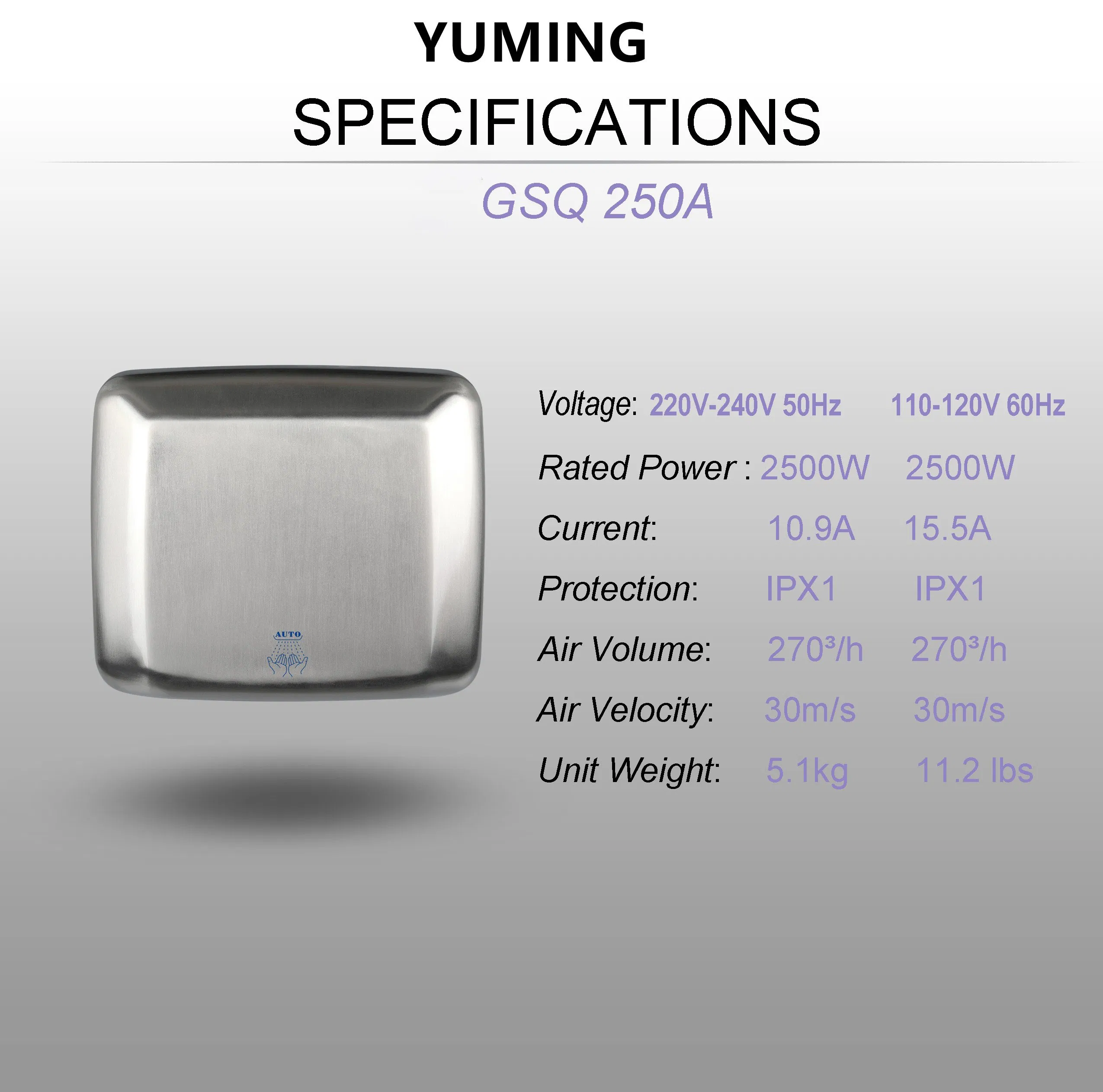 2500W Automatic Commercial Washroom Hygiene Hand Dryer for Hotel