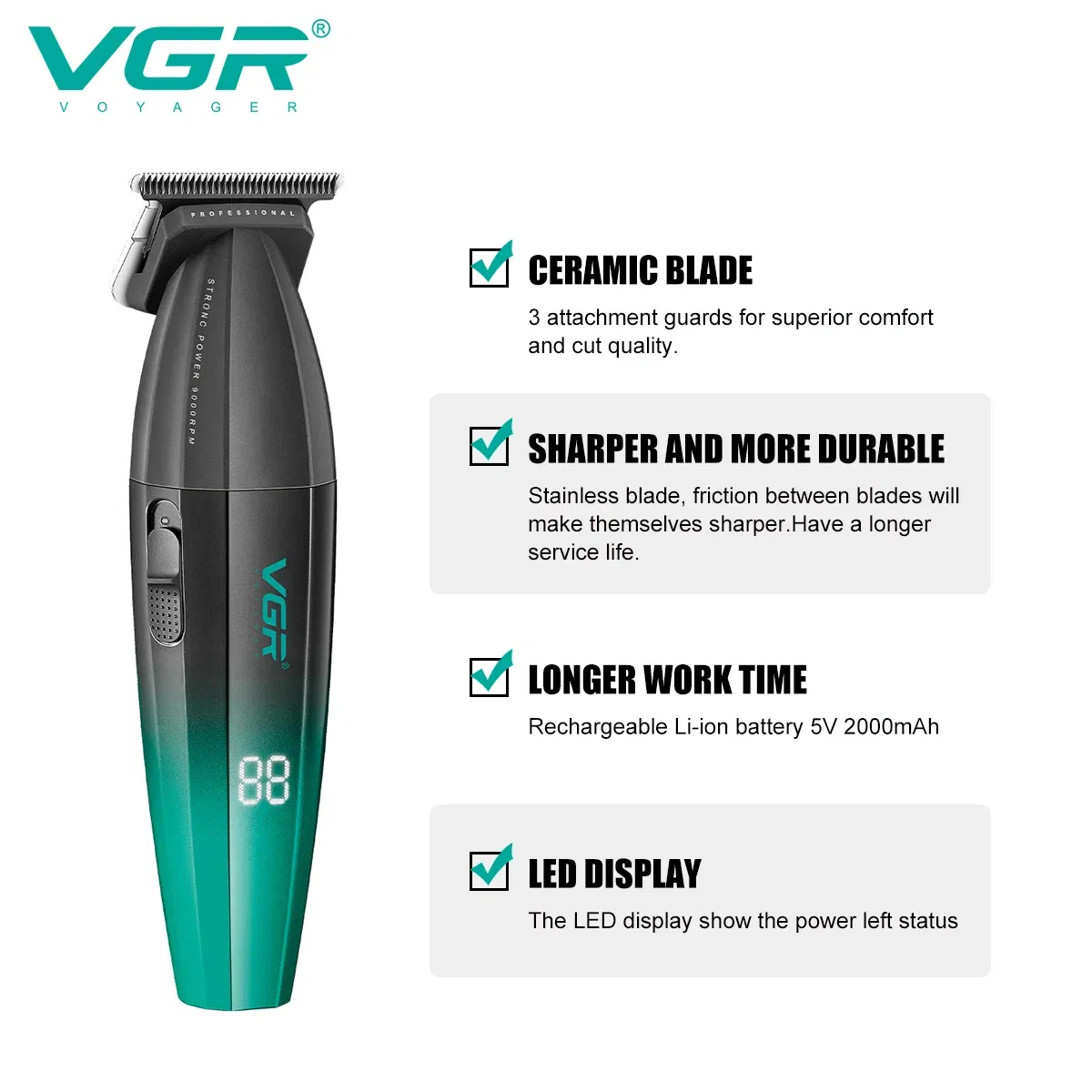 Vgr V-906 Maquina De Cortar Cabello Metal Housing Dlc Blade Barber Cordless Professional Hair Trimmer for Men