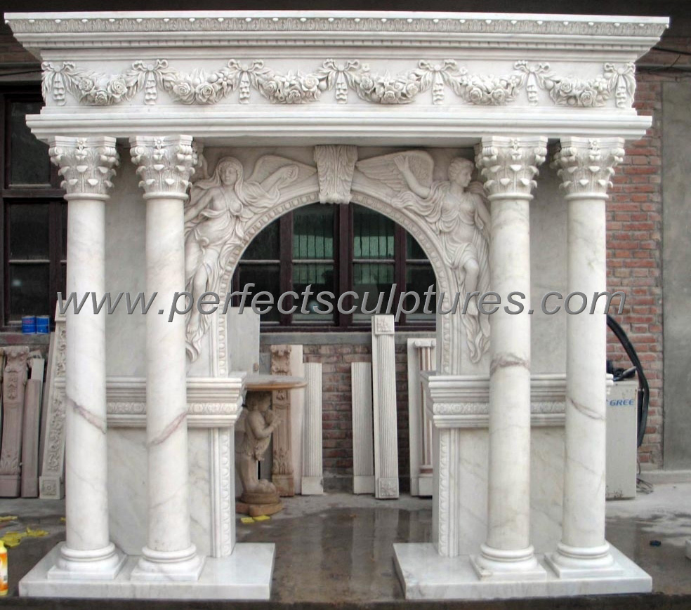Flower Carving Arch Marble Fireplace Mantel with Roman Column (QY-LS614)