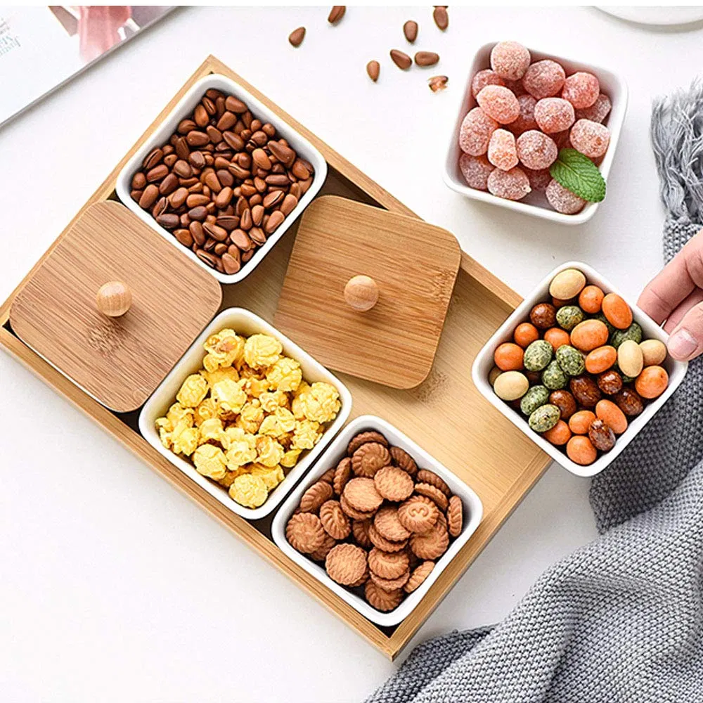 Bamboo Snack Storage Tray Creative Multi Grid Fruit Dessert Plates Multifunction Mini Ceramic Foods Classify Snack Dishes