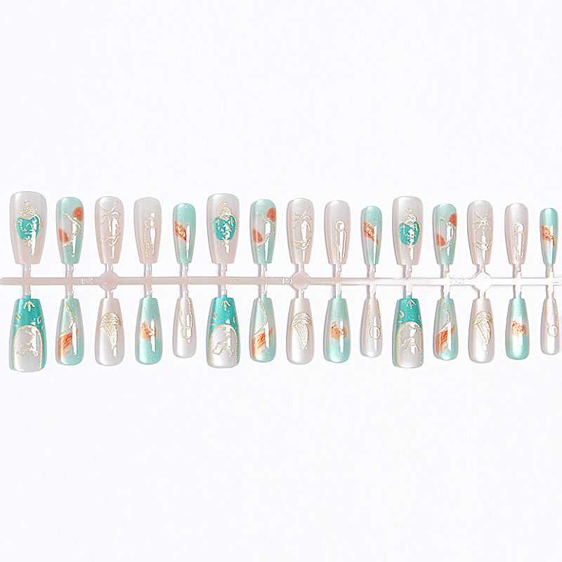 30PCS Libra Themed False Nails Long Coffin Shape Turquoise Gold ABS