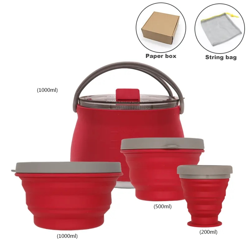 Four Plece Set Portable Silicone Camping Collapsible Kettle Pot Bowl Cups Cook Set with Custom Logo