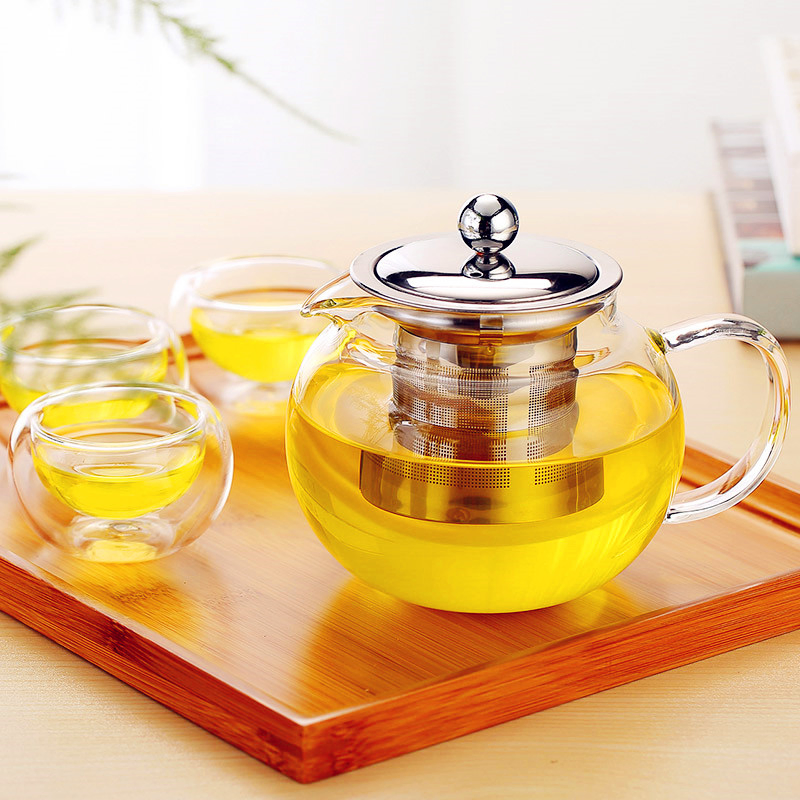 Handmade Clear Glass Round Teapot Set with Ss Filter
