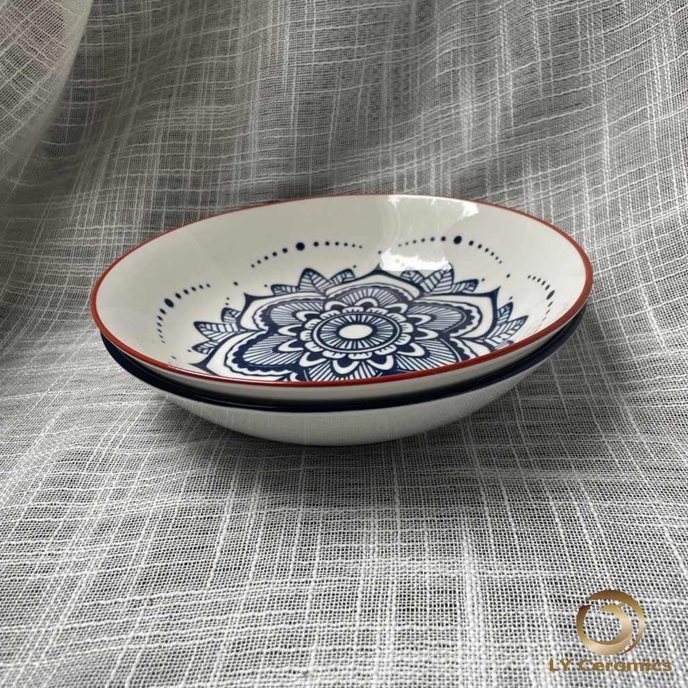 Eco-Friendly 8"Soup Plate Pad Printing blue Red Flower Porcelain Ceramic Kitchenware Tableware