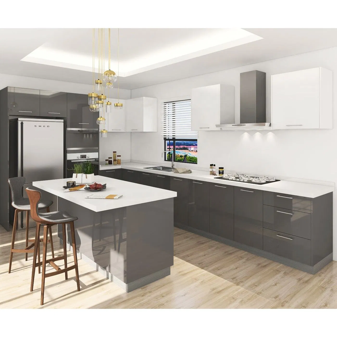 Apartment Ready to Assemble Modern Gray Lacquer High Gloss Kitchen Cabinet