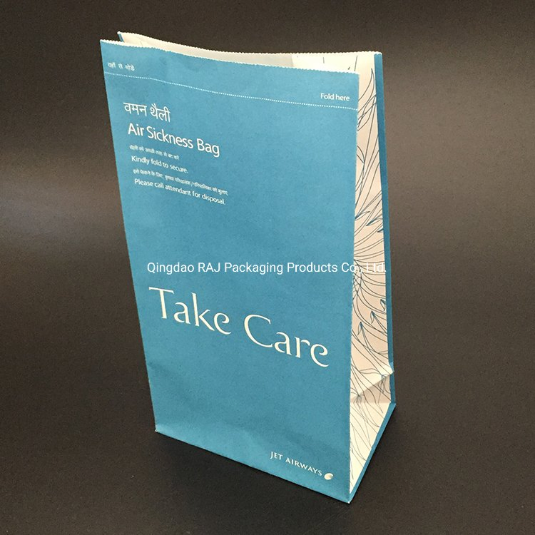 Customized Logo Printing 80GSM Airlines Vomiting Travel White Kraft Paper Sickness Bags Disposable Coated Paper Bags