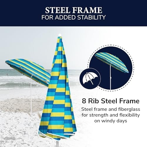 Hot Sale 6FT Beach Sun Sand Umbrella, Portable Beach Umbrella, Shoulder Carry Strap, Bold Stripe, UV Protection Beach Umbrella
