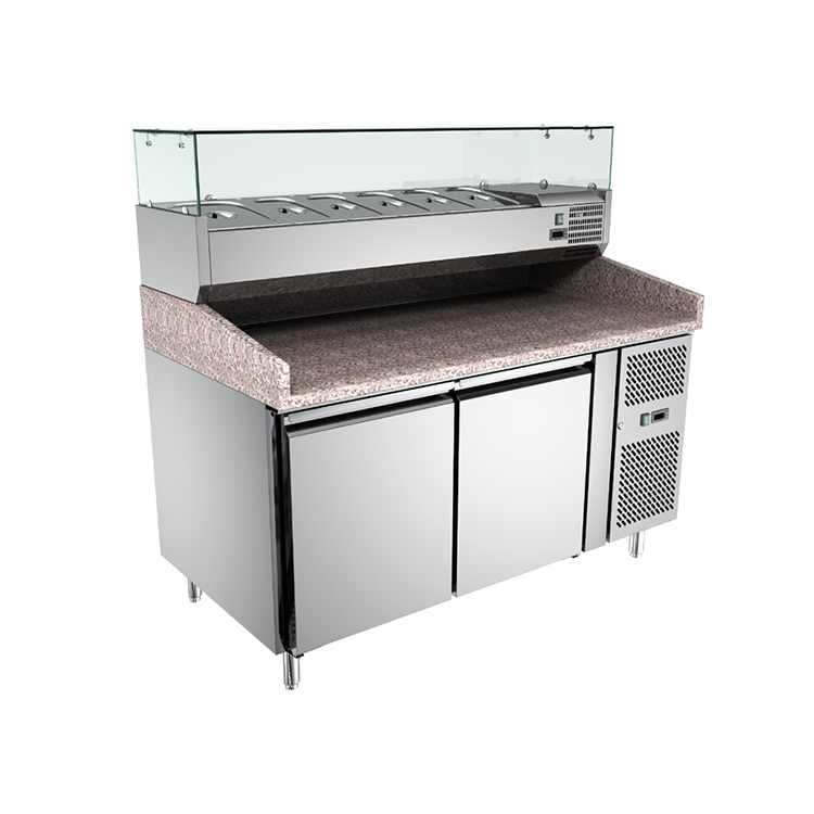 Hot Sale 2 Doors Undercounter Refrigerated Pizza Prep Table with Top Display