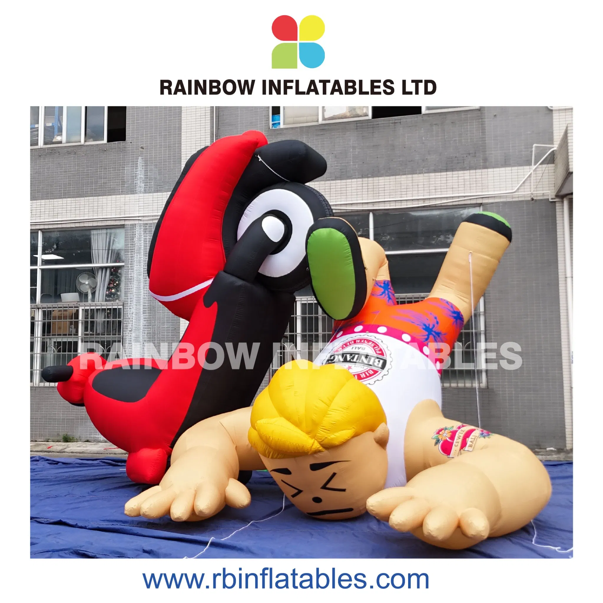 Cartoon-Style Inflatable Scene with Fallen Guy and Dog Character for Event Attraction
