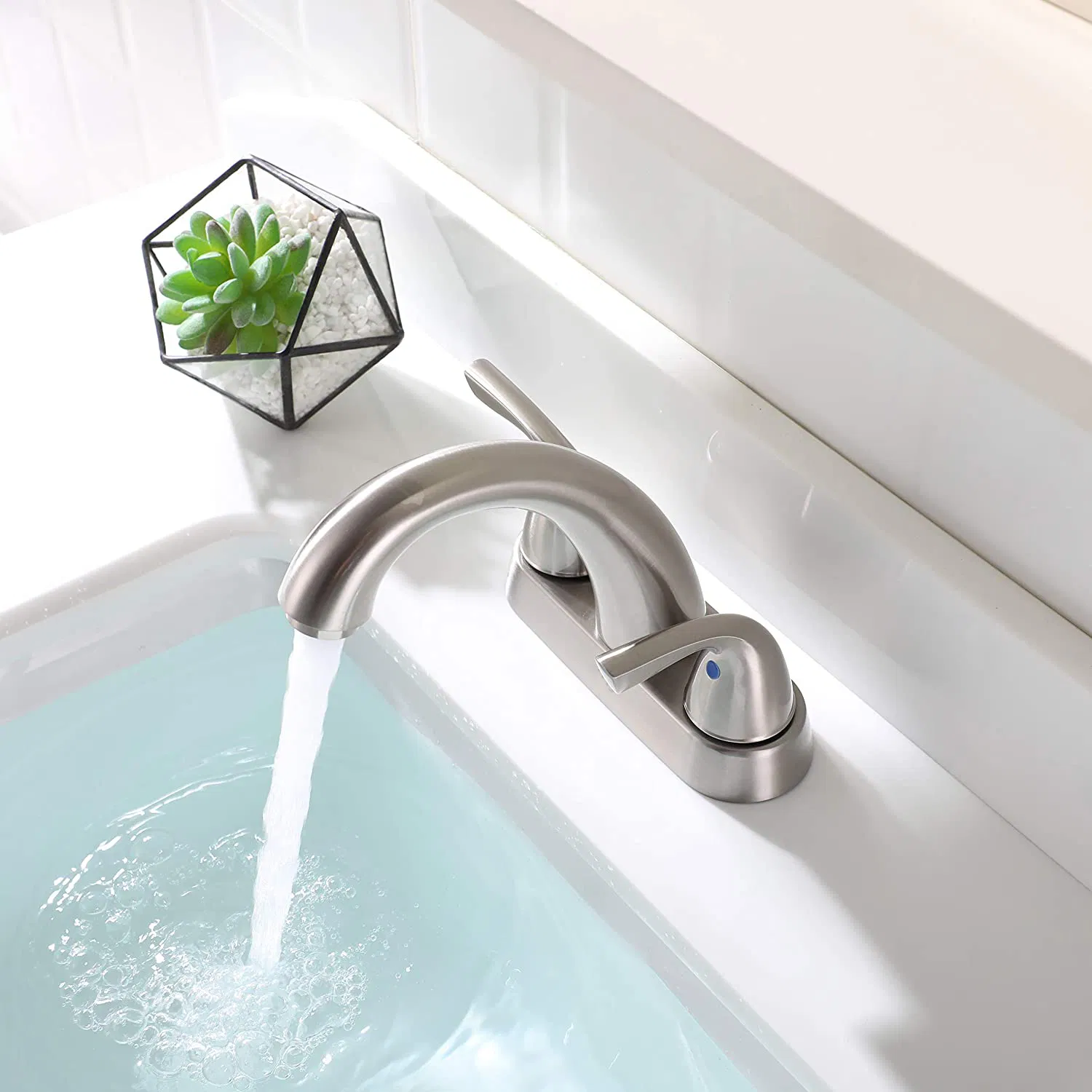 Aquacubic Double Handle Tap Deck Mounted 4" Centerset Brushed Bathroom Sink Faucet