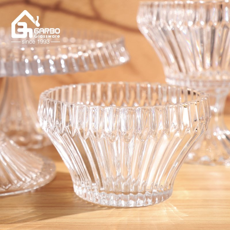 Big Size Fruit Glass Candy Pot with Lid Serving Candy Pot with Classic Strip Pattern High Quality Candy Pot with Stand