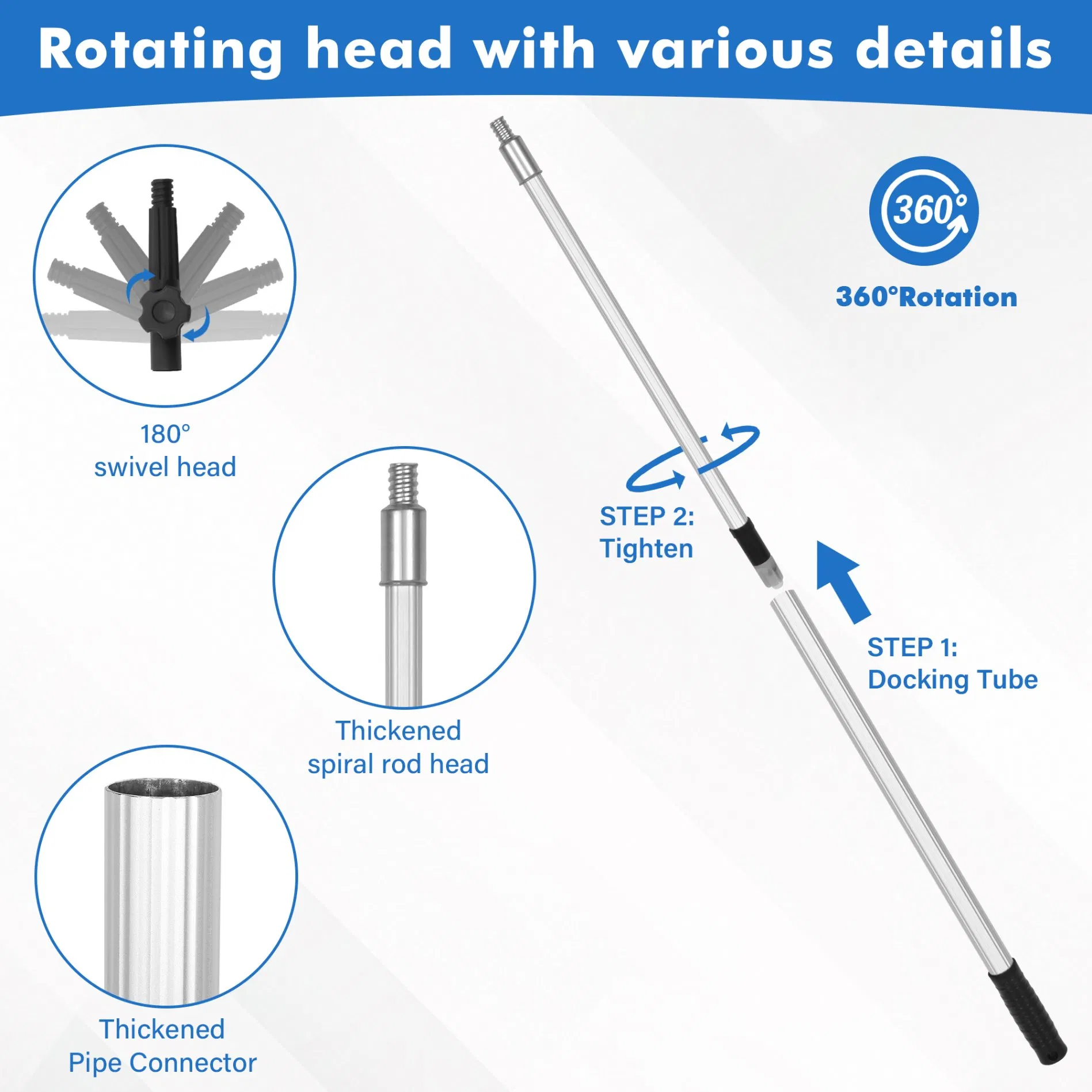 12FT Extension Cleaning Rod Detachable Brush Head Aluminum Spin Lock Telescopic Pole