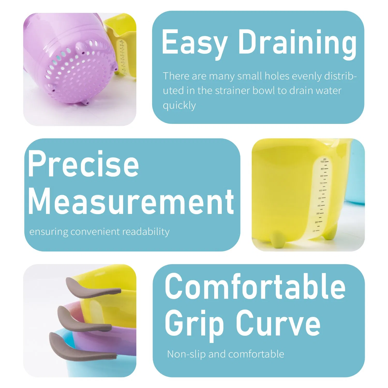 3-Piece Salad Bowl Set with Draining Holes & Measurement Marks BPA-Free Plastic