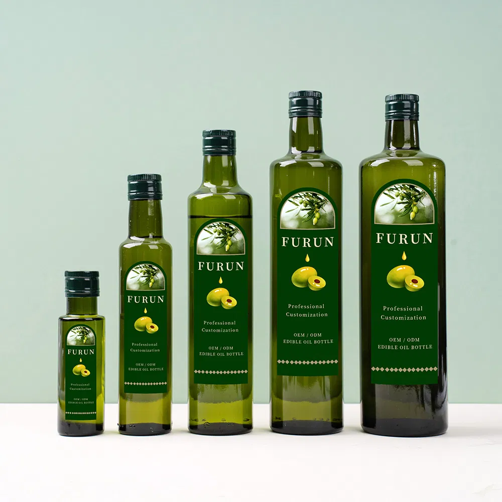 Wholesale Luxury Olive Oil Bottles Empty Round Green Food Grade Glass Cooking Dispenser Bottle with Lids