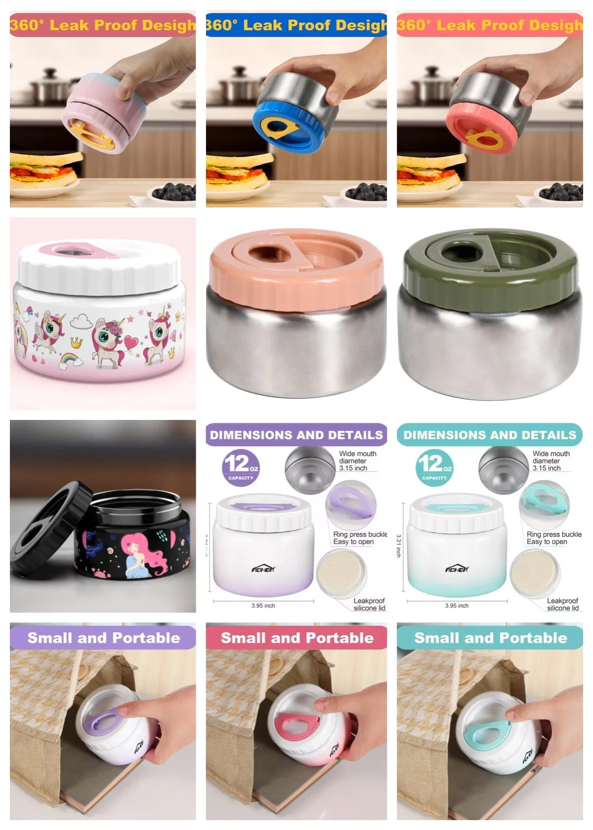 Aohea Thermal Food Jar Vacuum Insulated Food Jar Wide Mouth Soup with Folding Spoon Thermal Lunch Containers for Kids Adults Leak Proof