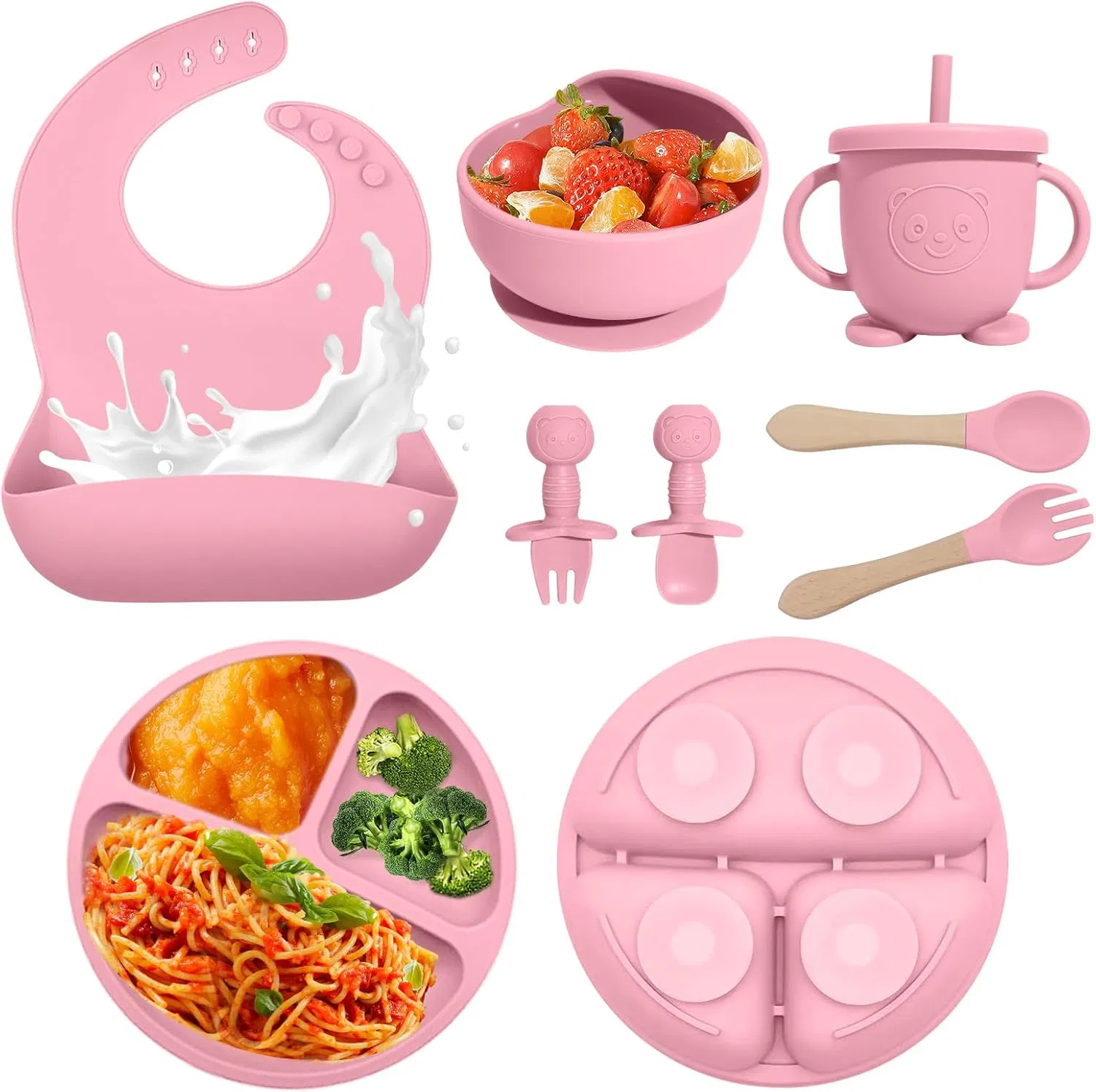 Soft Food Grade Fist Stage Food Eating Utensils Silicone Dinner Set Suction Baby Plate Bowl Cup Bib and Spoon Feeding Set