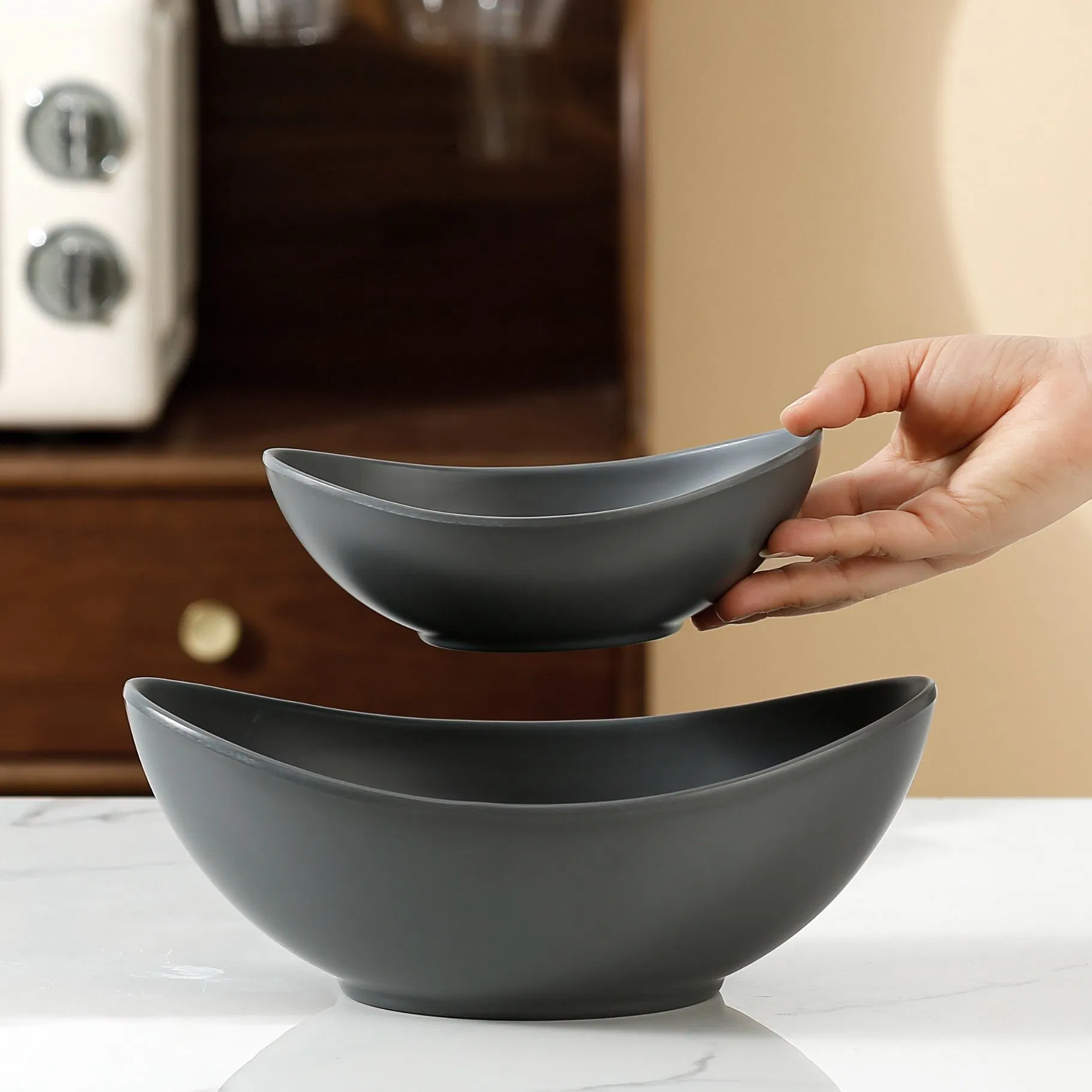 White Melamine Kanoo Bowl Modern Nordic Oval Shaped Plastic Bowl Double Color Ice Cream Fruit Melamine Oval Bowl