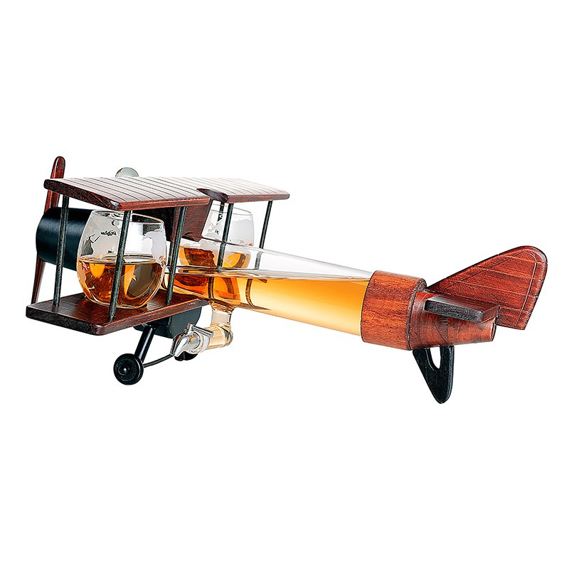 Borosilicate Glass Made Airplane Shape Wine Whiskey Decanter Bottle with Wooden Frame